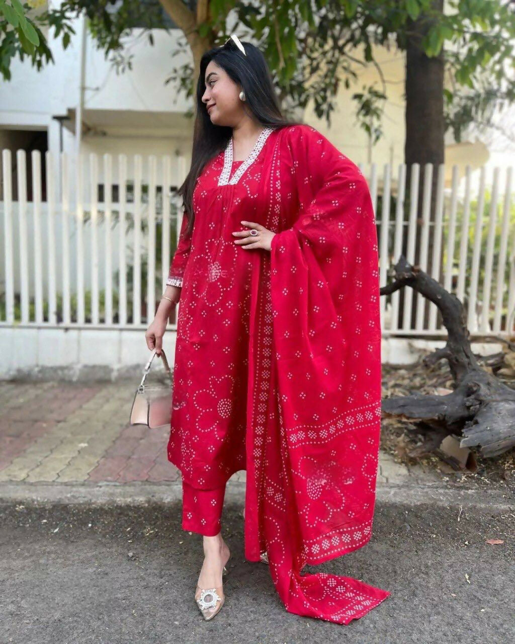 The52 Red Women's Beautiful Rayon Fabric Printed Work Straight Kurta Pant and Dupatta Set - Swadesiicart