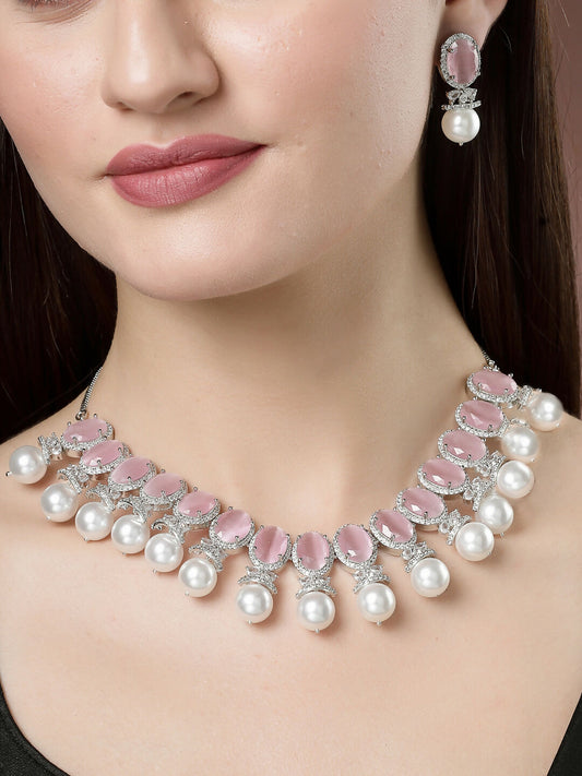 NVR Women's Silver-Plated Pink American Diamond Studded Handcrafted Jewellery Set - NR Retail-NVR