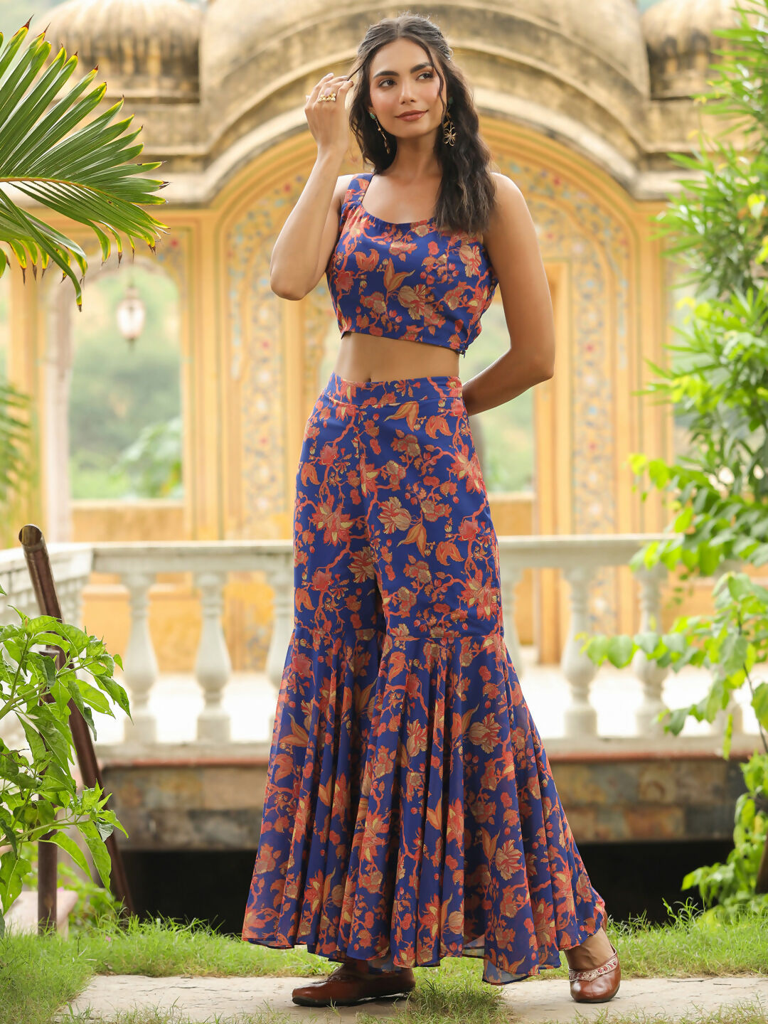 Janasya Navy Blue Georgette Floral Top,Bottom & Jacket | Swadesiicart