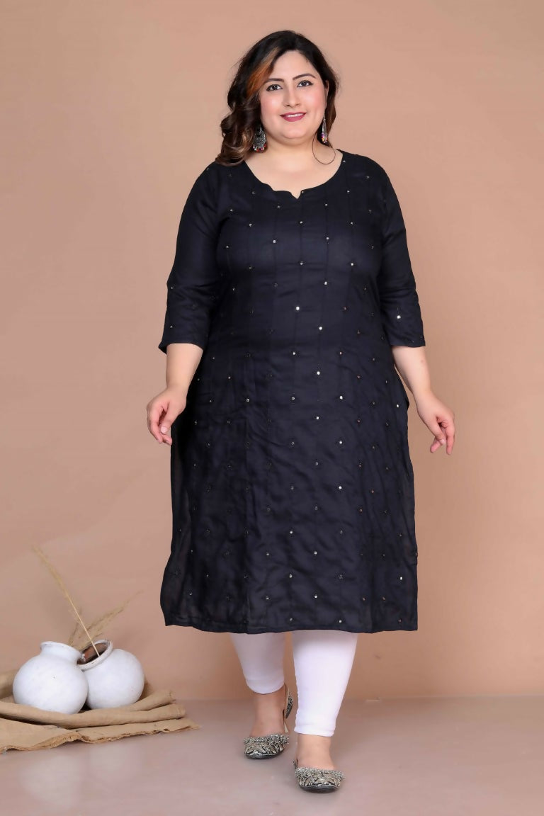 Miravan Women's Plus Size Black Mirror Work Embroidered Pakistani Straight Kurti - Swadesiicart
