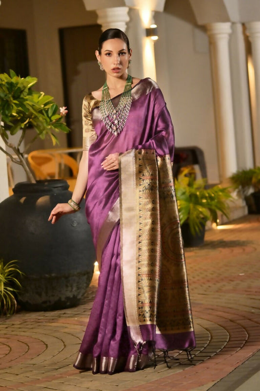 Vishnu Weaves Women's Wine Soft Tussar Silk Printed Saree with Blouse - Swadesiicart