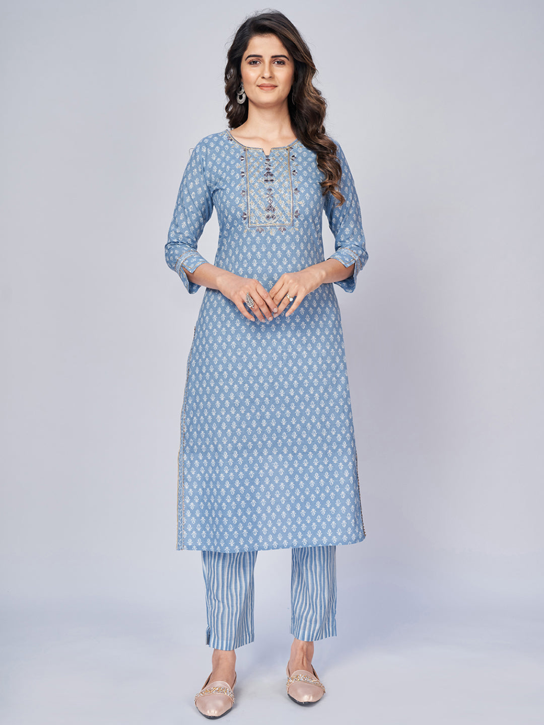 NOZ2TOZ Women's Printed & Embroidered Straight Cotton Sky Blue Kurta Pant With Dupatta (3Pcs Set) - Swadesiicart