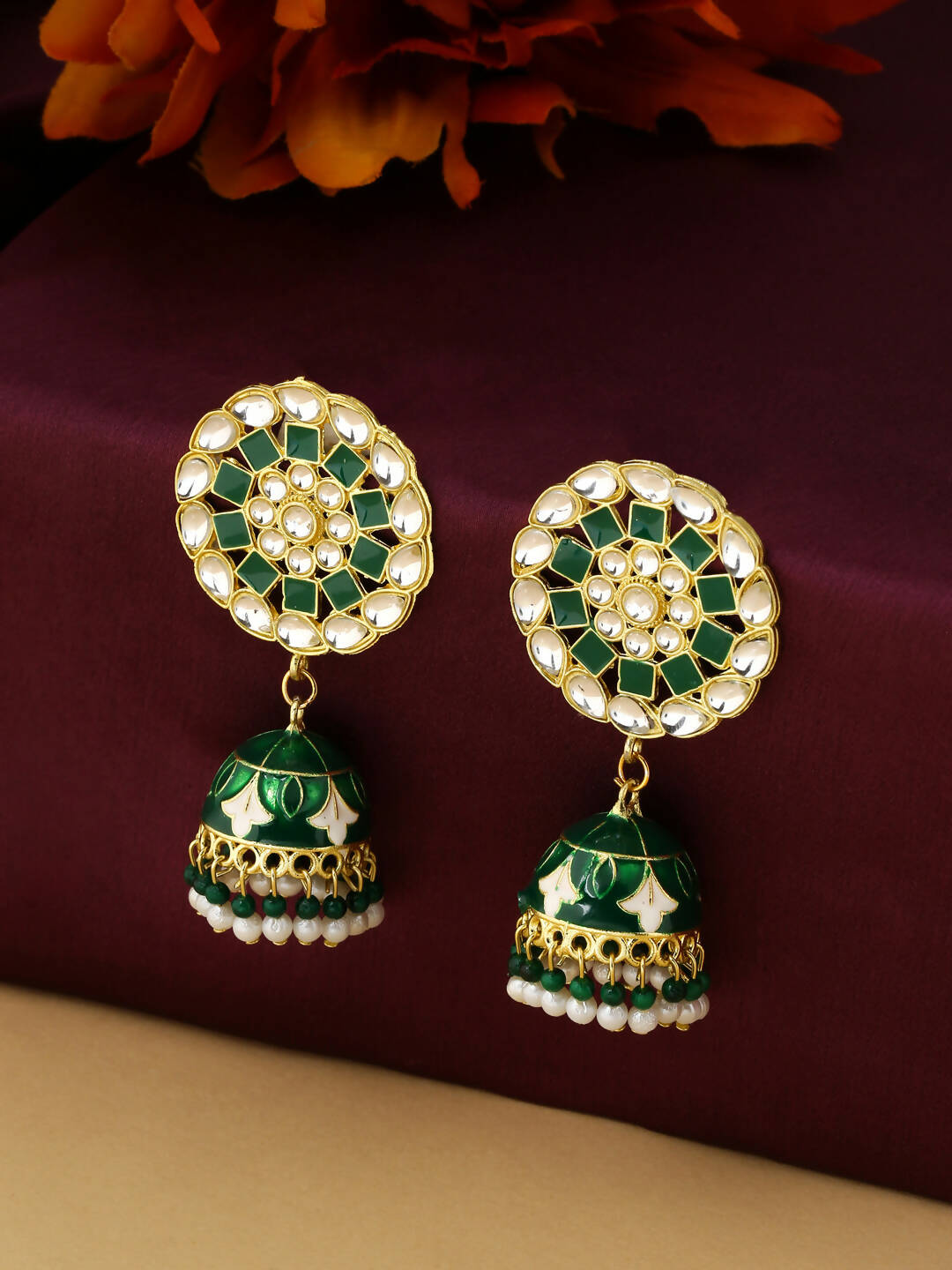 NVR Women Gold-Polished Green Dome Shaped Meenkari Jhumkas Earrings | Swadesiicart