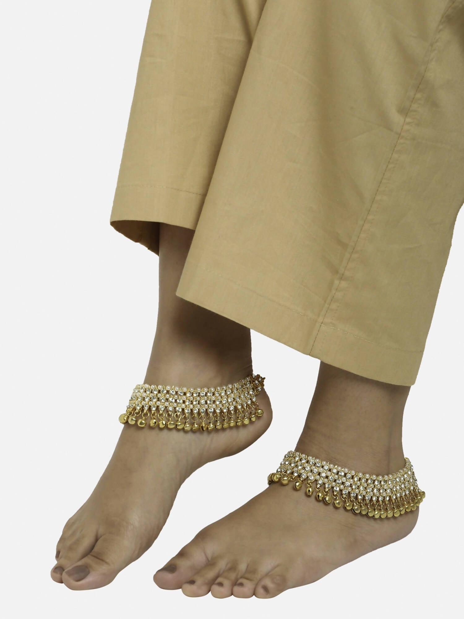Women's Gold White Ghungroo Anklets - Ruby Raang | Swadesiicart
