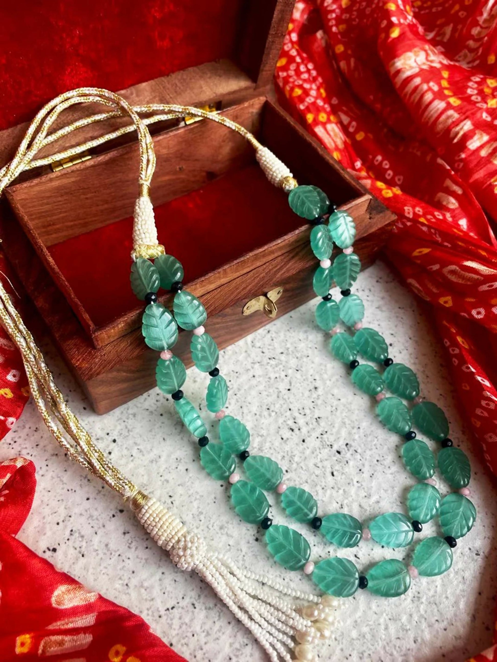 Joban Fashion C.Green Stone Semi Precious Carving Stone Partywear Double Layer Mala | Swadesiicart