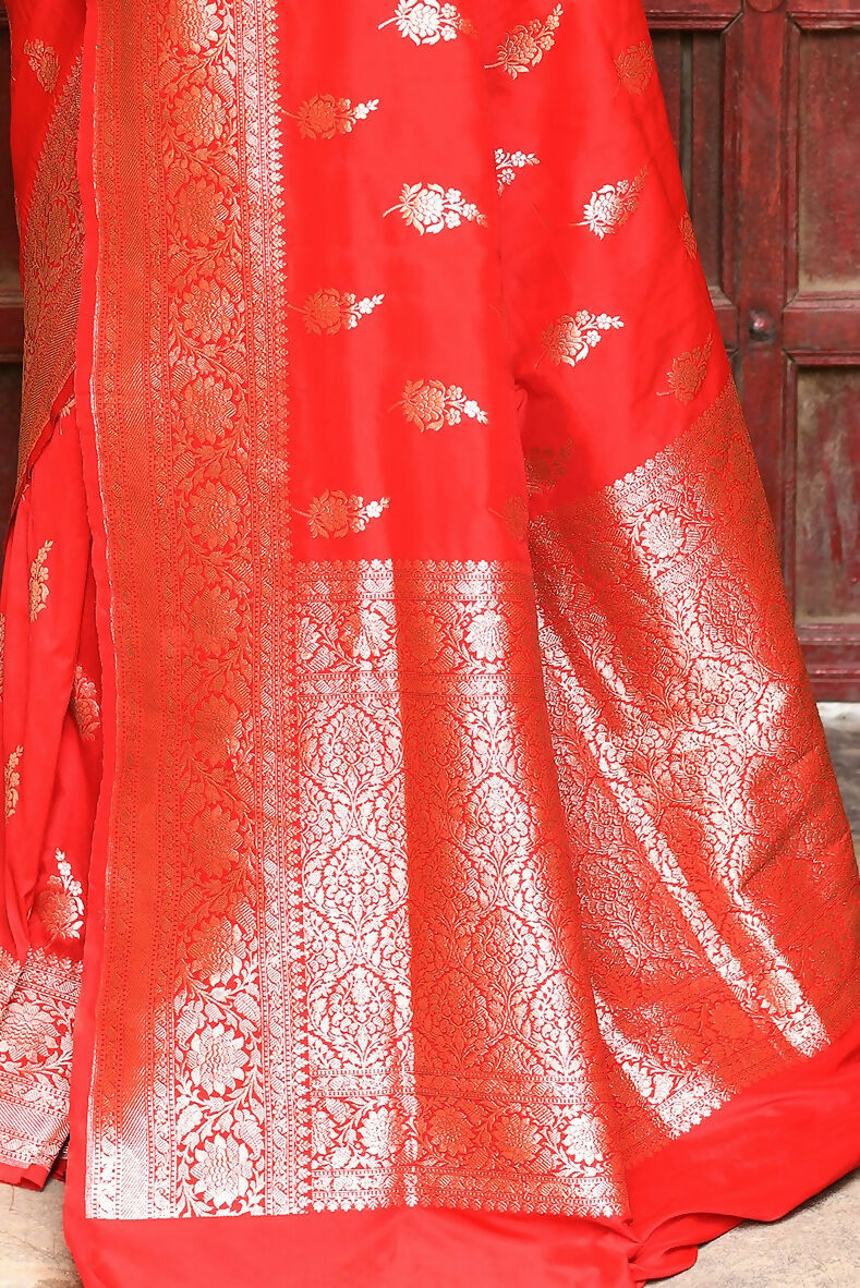Joban Fashion Red Handwoven & Zari Work Soft Pure Handloom Banarasi Silk Saree | Swadesiicart