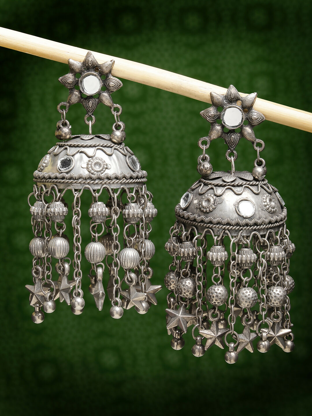 NVR Women's Silver Plated Mirror Work Oxidised Contemporary Jhumka Earrings | Swadesiicart