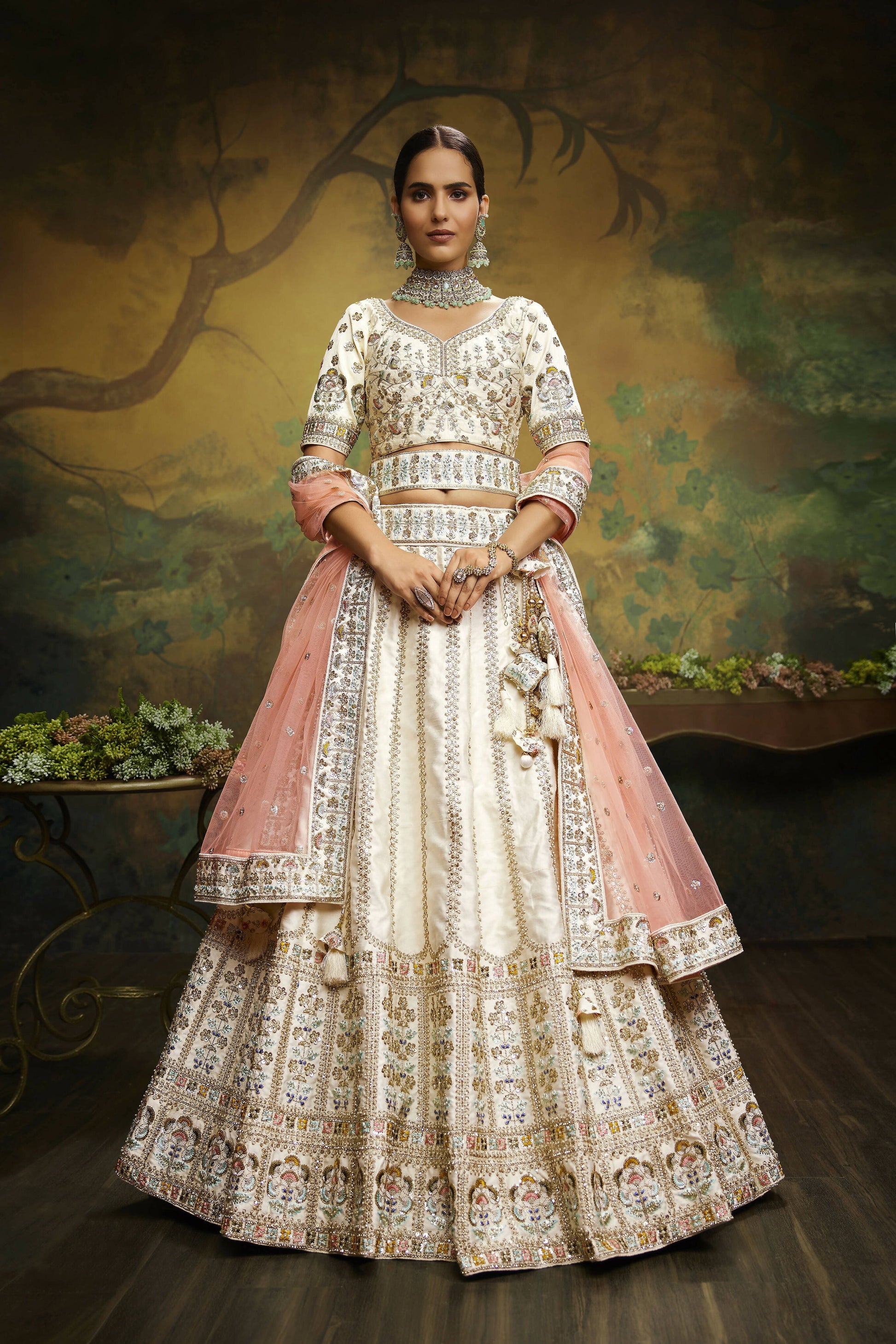 House of Panchhi Off White Pure Silk Moti & Zarkan heavy embroidery Lehenga choli & Dupatta | Swadesiicart