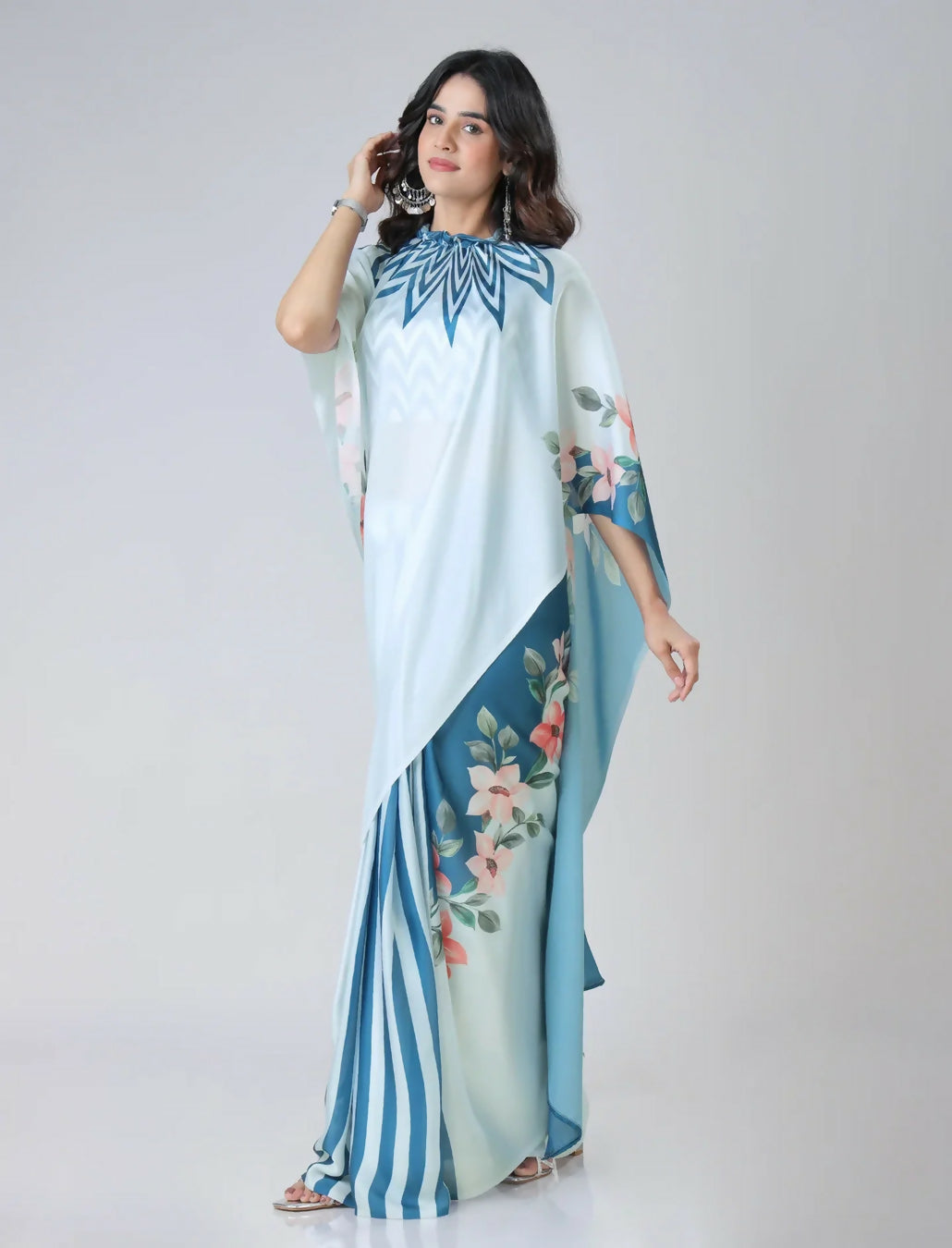 Vastranavya Icy Blue Freehand with Navy Starburst & Floral Print Ready to Wear Saree | Swadesiicart