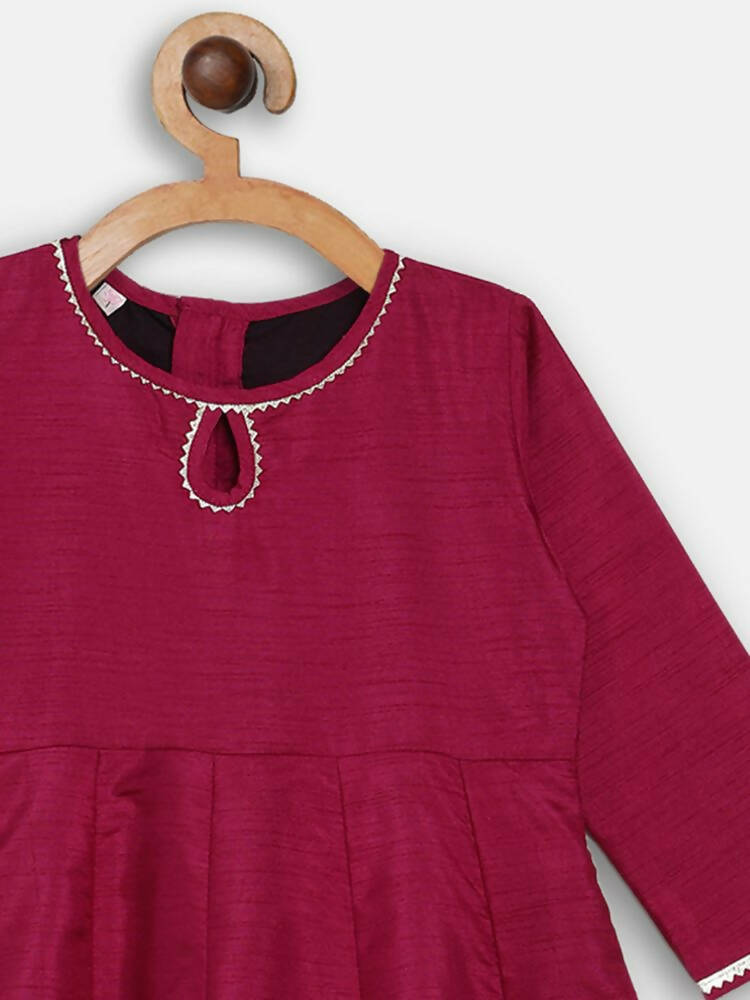 Ahalyaa Wine Poly Silk Curved Kids Kurta Palazzo Set With Bottom For Girls | Swadesiicart