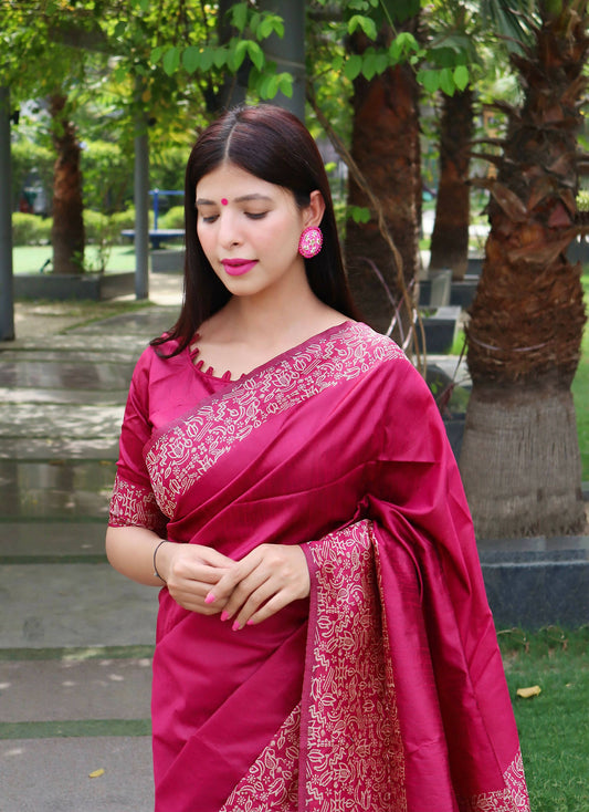 Vishnu Weaves Women's Pink Handloom Raw Silk Woven Border Saree with Unstitched Blouse - Swadesiicart