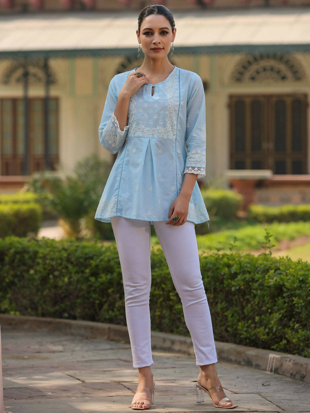Juniper Women's Powderblue Cambric Floral Printed Tunic | Swadesiicart