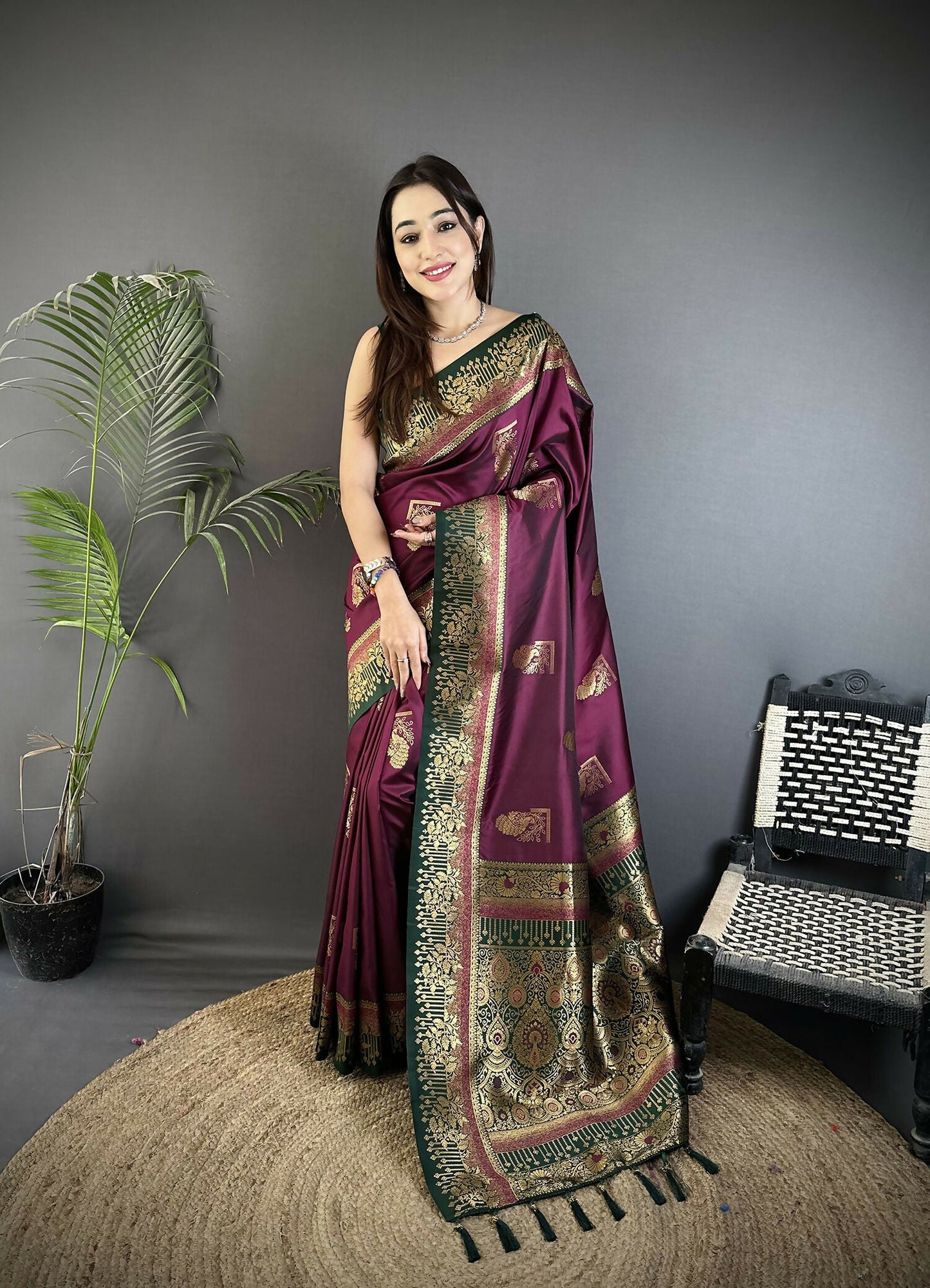 Joban Fashion Maroon Banarasi Soft Silk Peacock Butta Work Saree | Swadesiicart