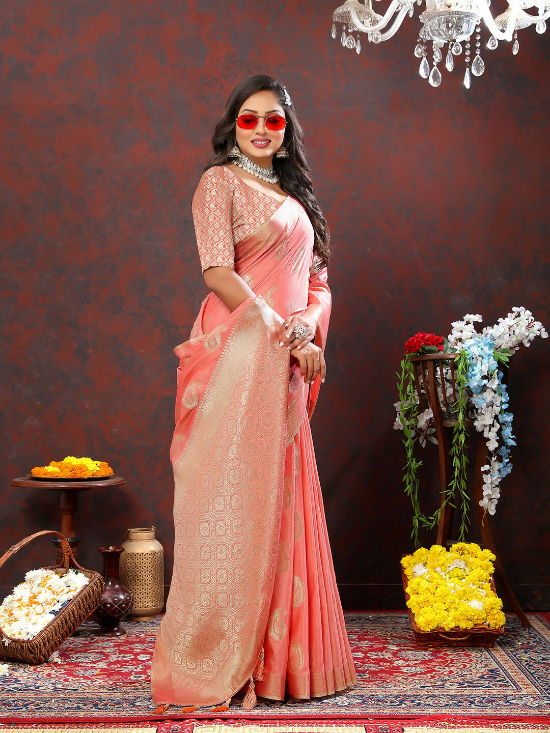 Lorenvalley Fashion Peach Cotton Woven Design with Zari Weaving Design Saree - Swadesiicart