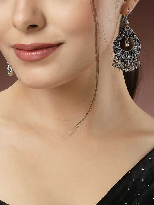 NVR Women's Silver-Plated German Silver Oxidised Chandbali Earrings - NR Retail-NVR