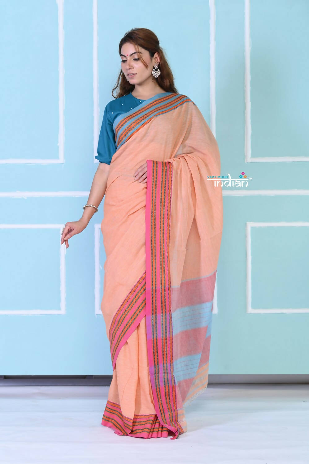 Very Much Indian Traditional Patteda Anchu Ilkal Handloom Saree - Peach Tone | Swadesiicart