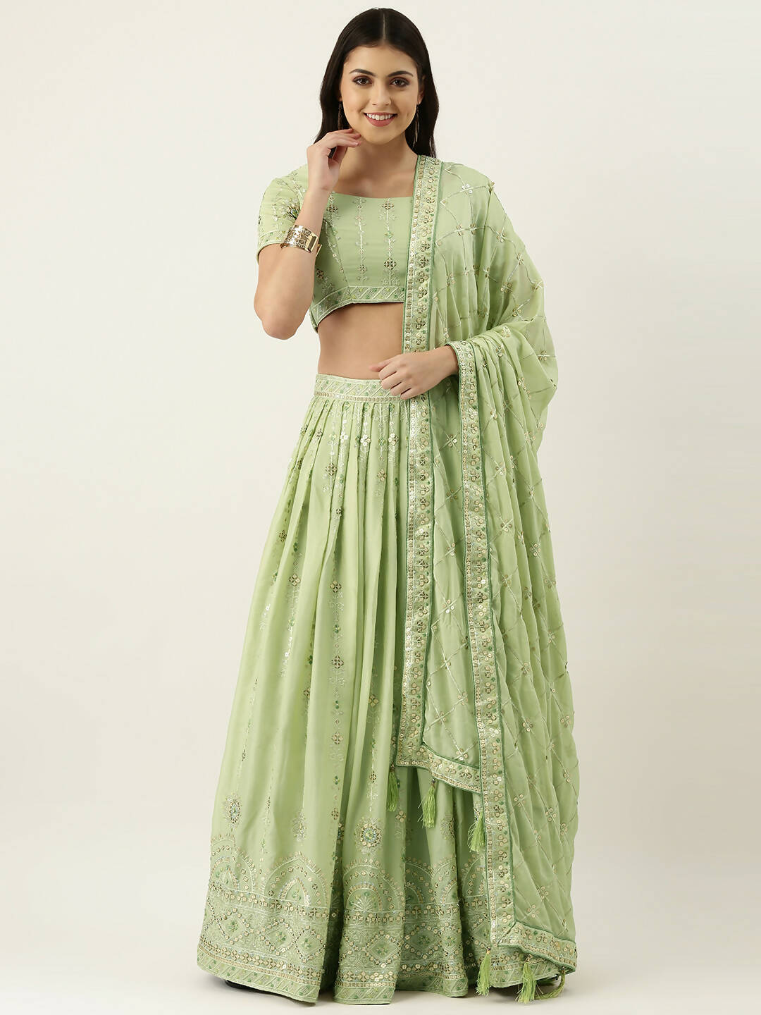 House of Panchhi Pista Green Pure Georgette Embroidered Lehenga & Blouse, Dupatta | Swadesiicart