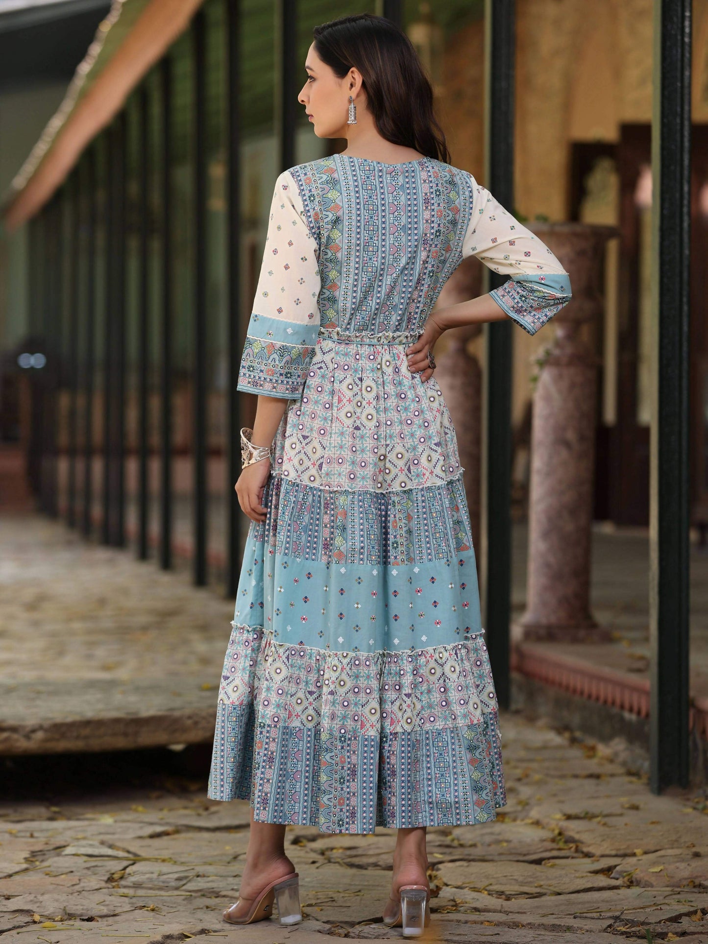 Juniper Women's Blue Cotton Cambric Geometric Printed Tiered Maxi Dress | Swadesiicart