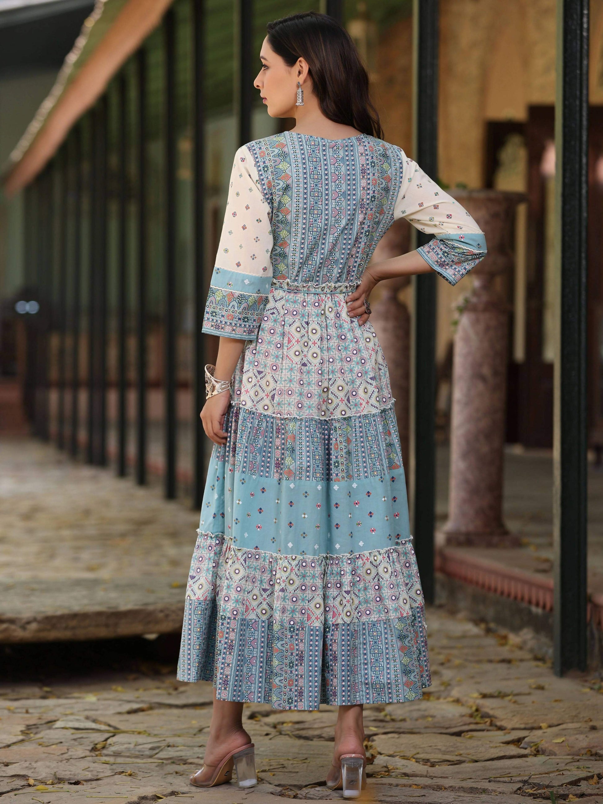 Juniper Women's Blue Cotton Cambric Geometric Printed Tiered Maxi Dress | Swadesiicart