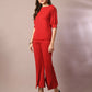Myshka Women's Red Solid Boat Neck Party Top With Trousers Co-ord set - Swadesiicart