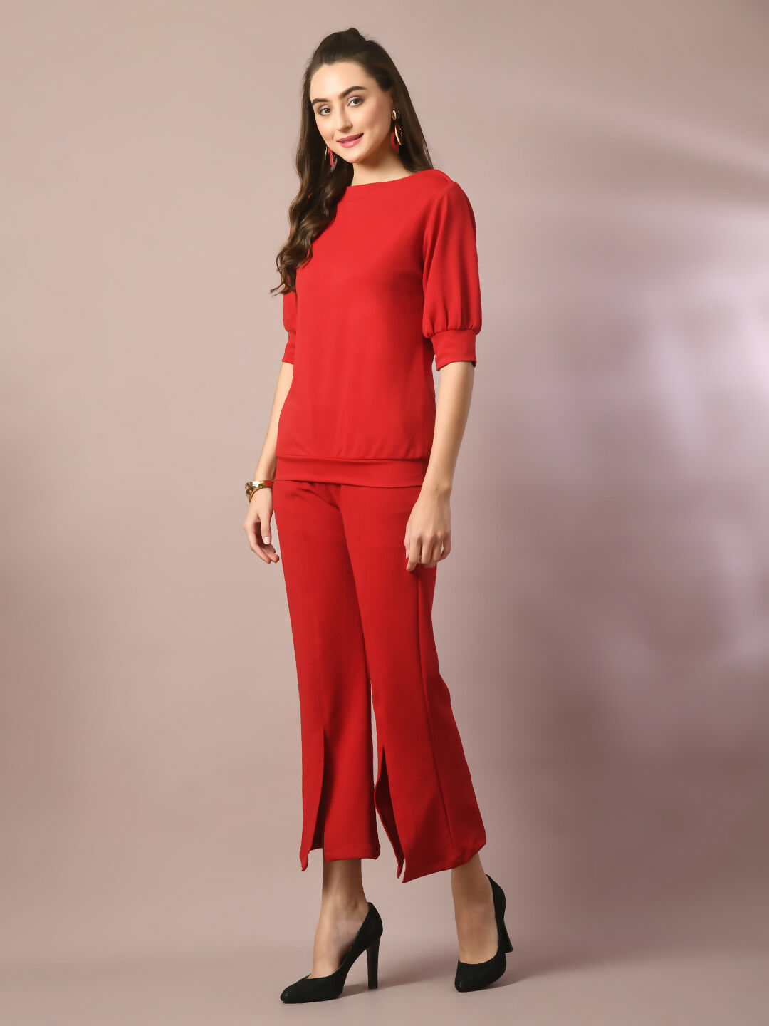 Myshka Women's Red Solid Boat Neck Party Top With Trousers Co-ord set - Swadesiicart
