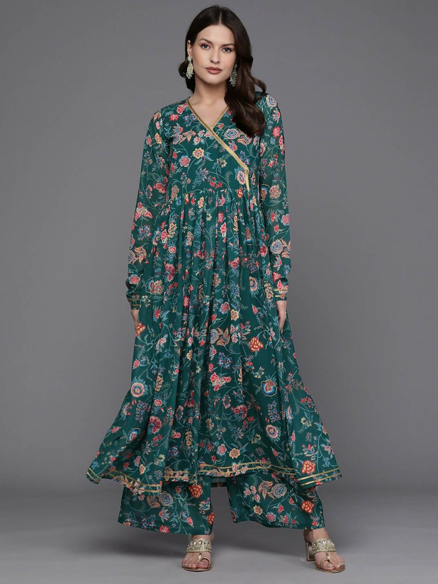 Ahalyaa Women Floral Printed Angrakha Kurta with Palazzos - Green Color | Swadesiicart