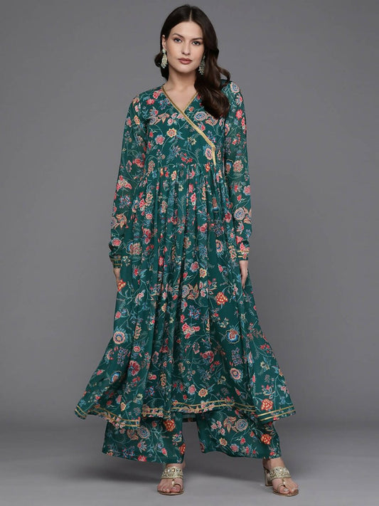 Ahalyaa Women Floral Printed Angrakha Kurta with Palazzos - Green Color | Swadesiicart
