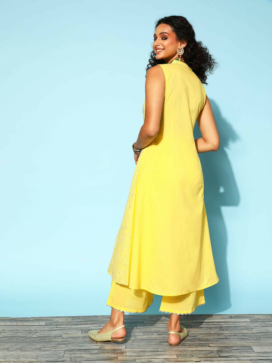 Ahalyaa Women Yellow Colour Cotton Printed Kurta Palazzo Set | Swadesiicart