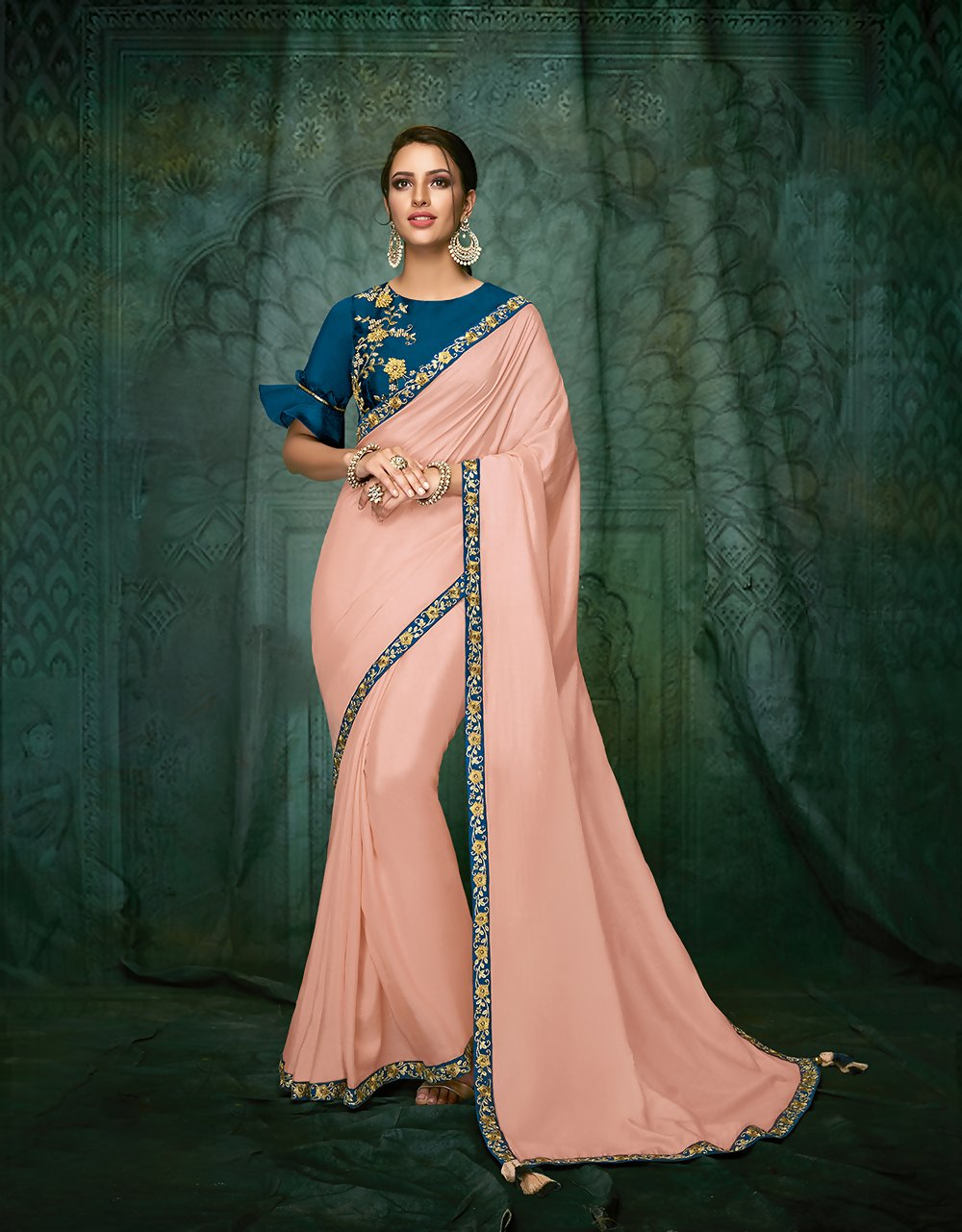 Peach Satin Silkzari And Cord Embroidery, Hand Work Saree - Norita Hit - Swadesiicart