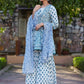 Juniper Women's Blue Cotton Cambric Floral Placement Printed Anarkali Kurta Sharara & Dupatta Set | Swadesiicart