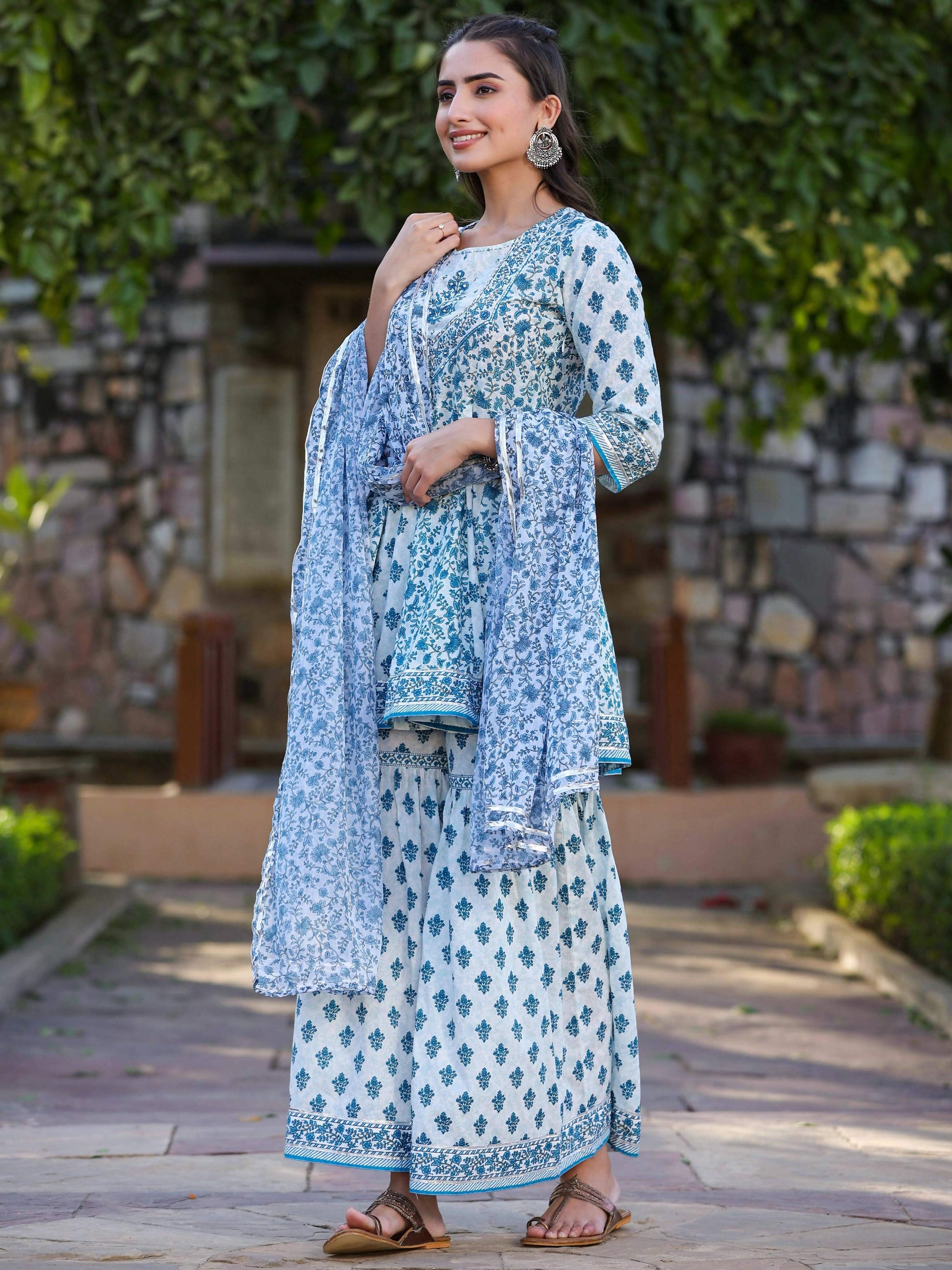Juniper Women's Blue Cotton Cambric Floral Placement Printed Anarkali Kurta Sharara & Dupatta Set | Swadesiicart