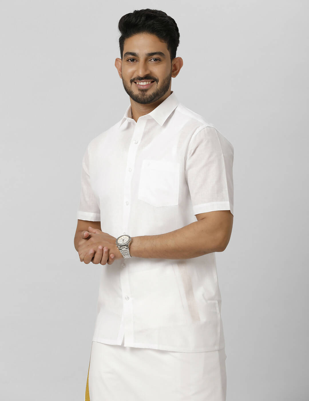Ramraj Cotton Mens Half Sleeve Formal Poly Cotton White Shirt | Swadesiicart