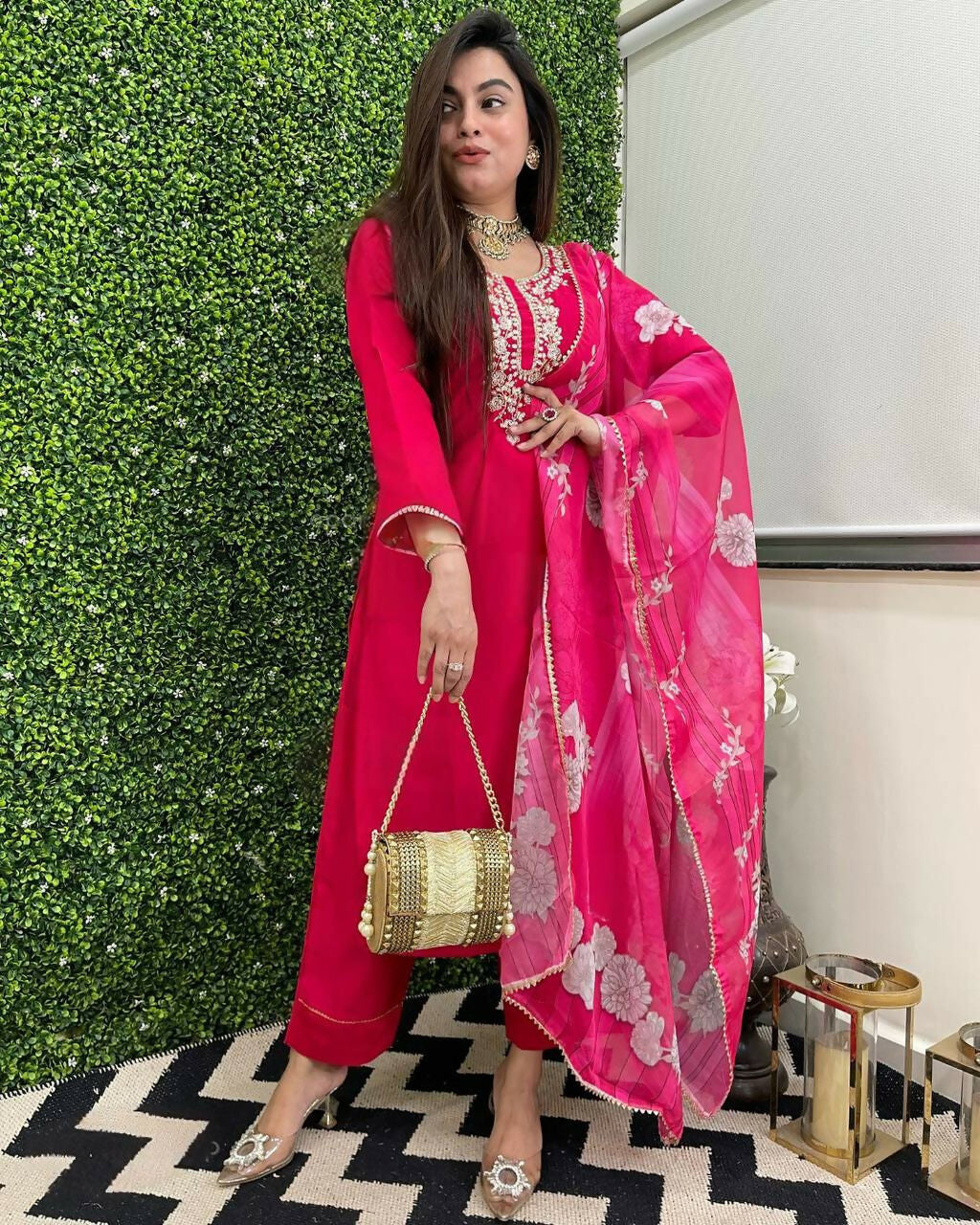 The52 Rani Women's Beautiful Viscose Chanderi Fabric Embroidered Work Straight Kurta Pant and Dupatta Set - Swadesiicart