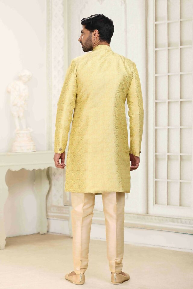 Raivat Ethnic Banarasi Jacquard Embroidery Semi Indo Western Sherwani In Cream Gold Colour | Swadesiicart