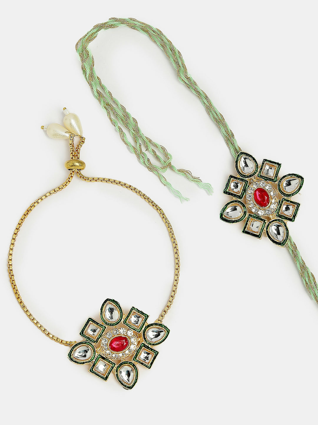 NVR Women & Men Set of 2 Gold Kundan-Studded Handcrafted Wraparound Rakhi Set With Roli Chawal | Swadesiicart