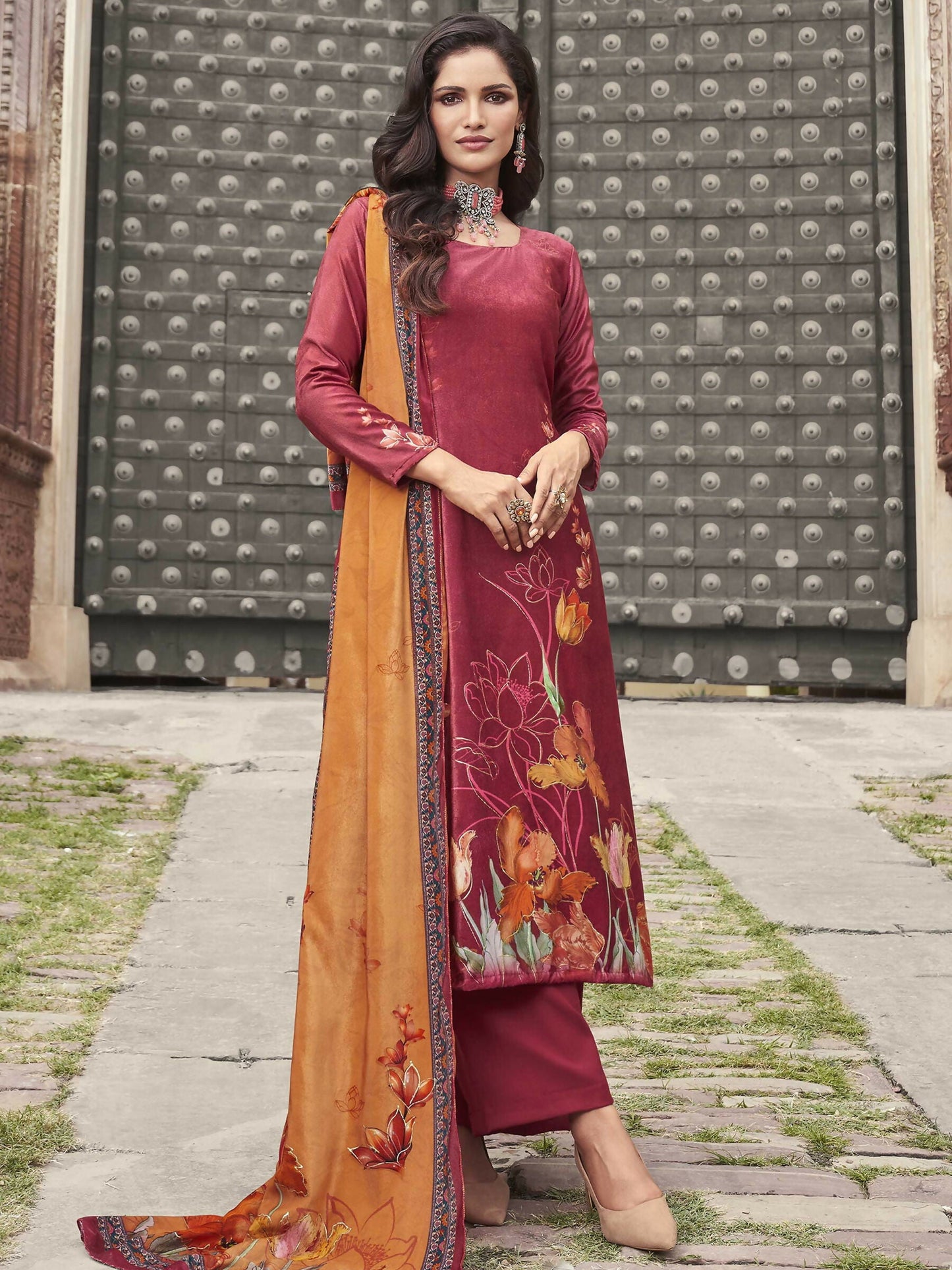Jyoti Fashion Women's Red Velvet Floral Digital Printed Kurta with Trouser & Dupatta | Swadesiicart