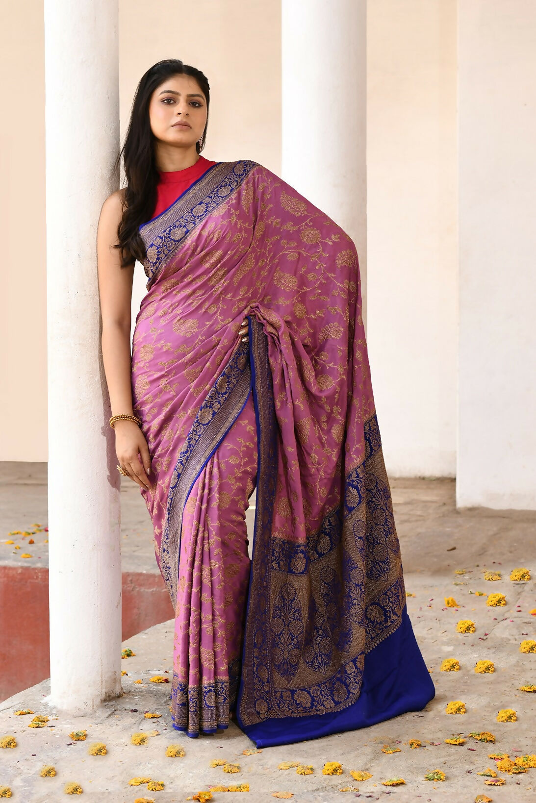 Joban Fashion Nude Pink Crepe Chiffon Pure Handloom Banarasi Silk Saree | Swadesiicart
