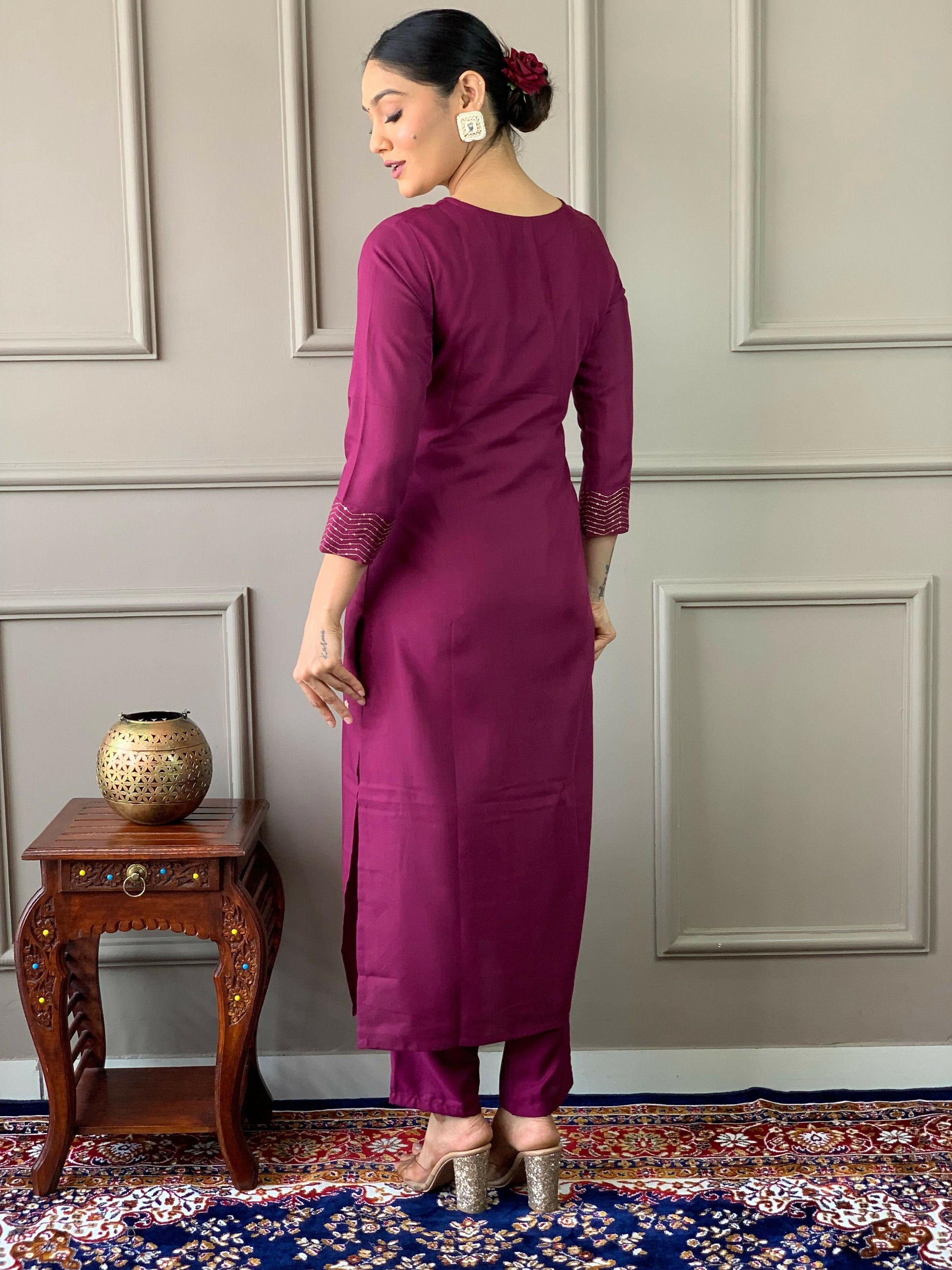 Partywear Designer Rayon Slub Wine Stitched Suit With Dupatta - Tanisha | Swadesiicart