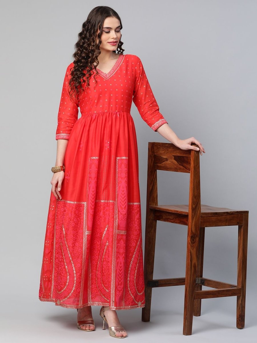 Ahalyaa Women Red Chanderi Khari Printed Dress | Swadesiicart