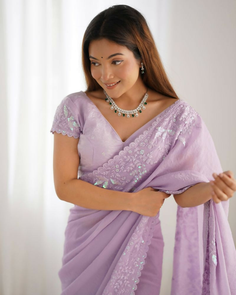 Vamsee Onam Lavender Crushed Fandy Tissue Silk Saree - Swadesiicart