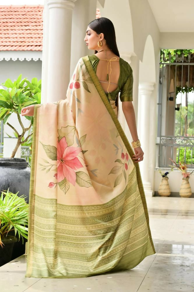 Vishnu Weaves Women's Mahendi Satin Silk Printed Saree with Blouse - Swadesiicart