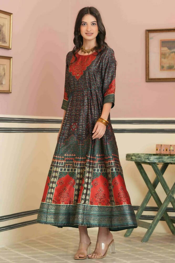 Juniper Green Satin Festive Printed Anarkali Flared Anarkali Kurta For Women | Swadesiicart