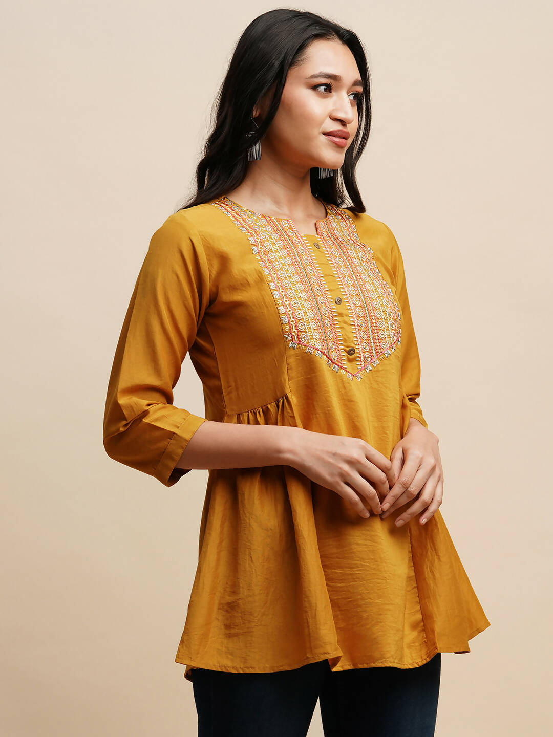 Mustard Chinon Embroidered Top - Tarini - Swadesiicart
