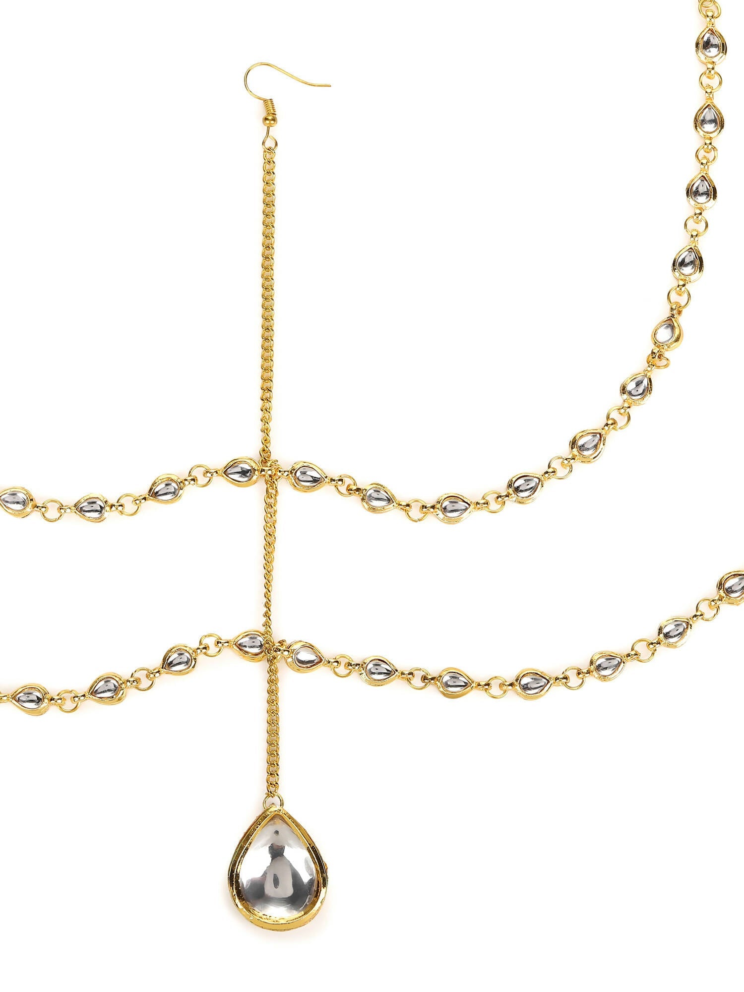 Gold-Polished White Faux Kundan-Studded Faux Pearl Beaded Handcrafted Matha Patti - Ruby Raang | Swadesiicart
