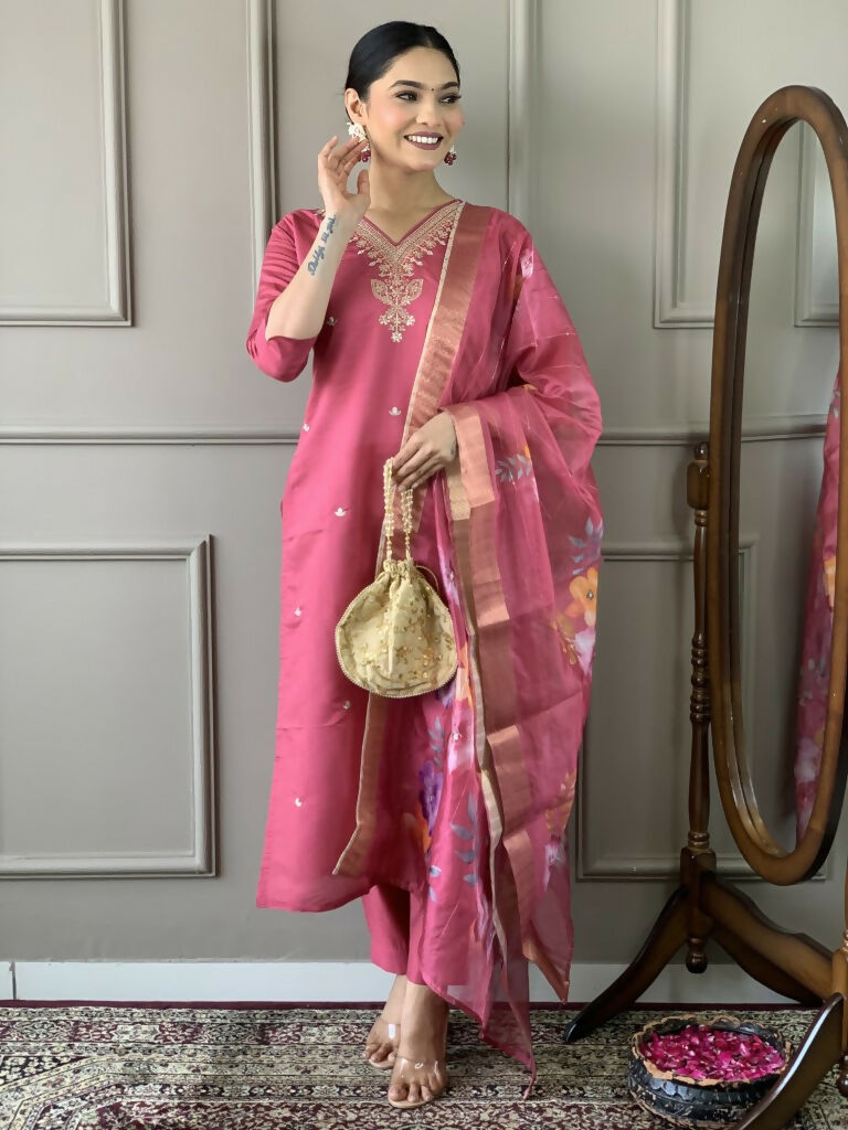 Light Pink Viscose chanderi Stitched Suit With Dupatta - Tanisha | Swadesiicart