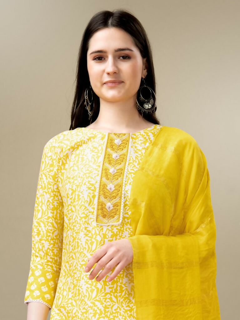 Jyoti Fashion Women's Yellow Rayon Embroidery & Sequence work Kurta with Trouser & Dupatta | Swadesiicart
