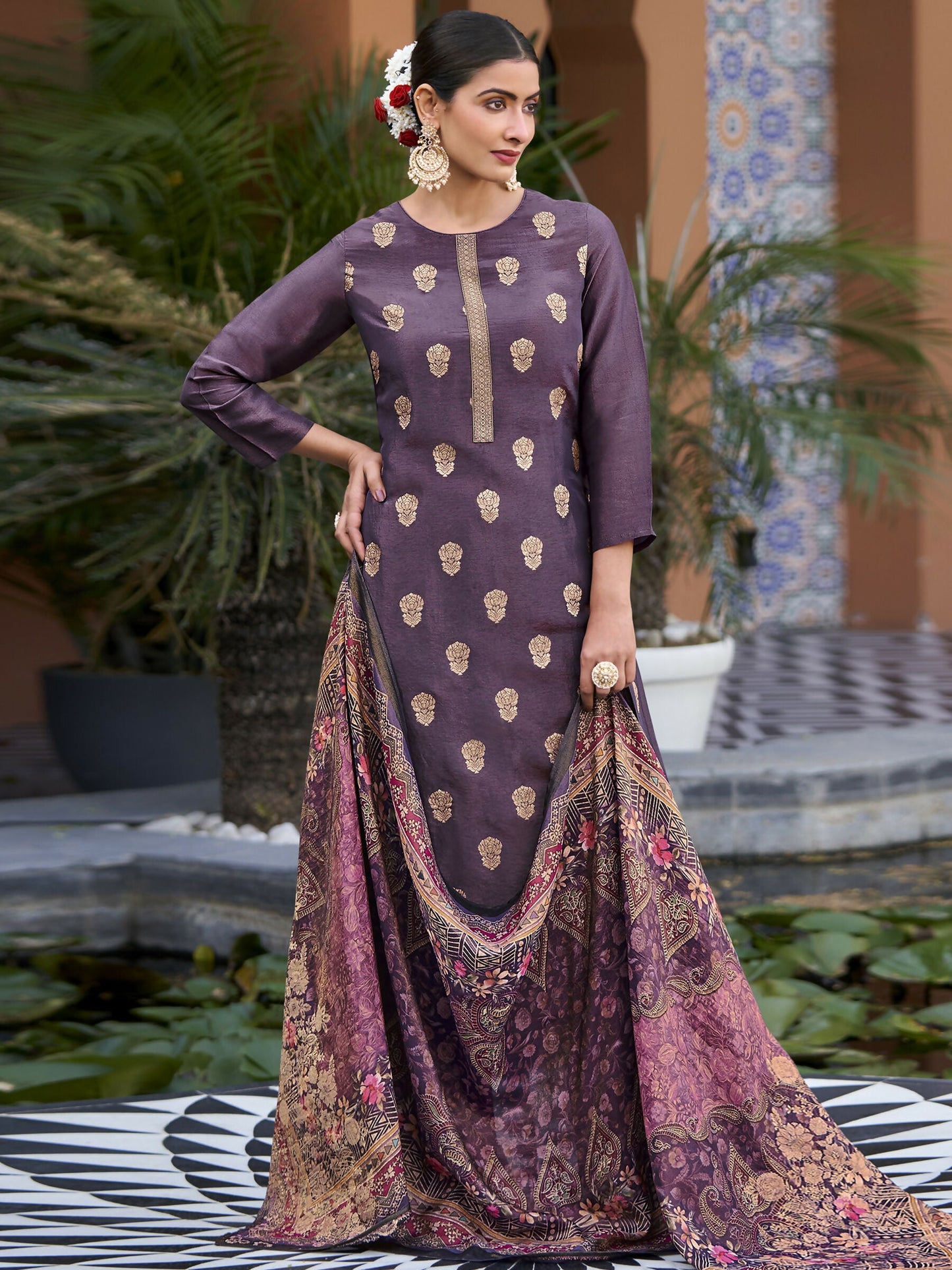 Jyoti Fashion Women's Purple Pure Silk Elegant Jacquard Woven Kurta with Trouser & Dupatta | Swadesiicart