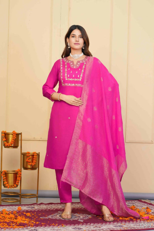 Pink Viscose Chanderi Embroidered Stitched Suit With Dupatta - Tanisha | Swadesiicart