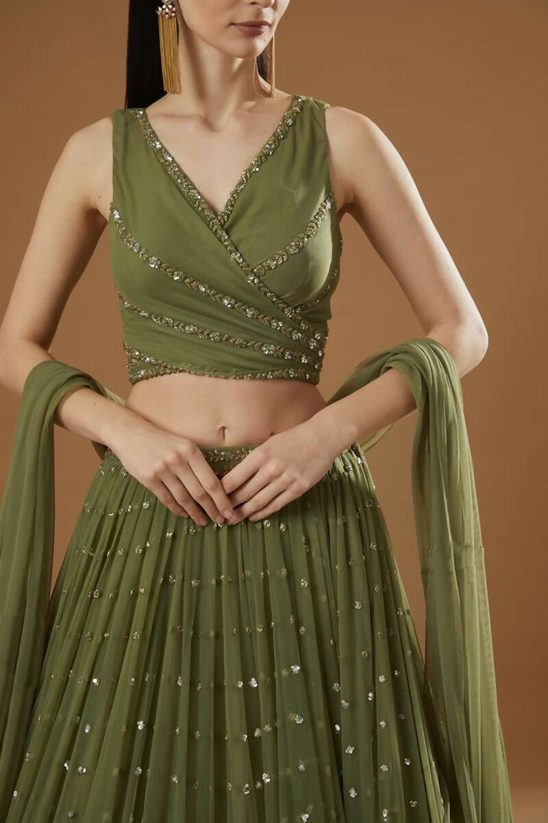 Jyoti Fashion Glamorous Olive Green Zari and Thread Embroidered Georgette Lehenga Choli with Dupatta | Swadesiicart