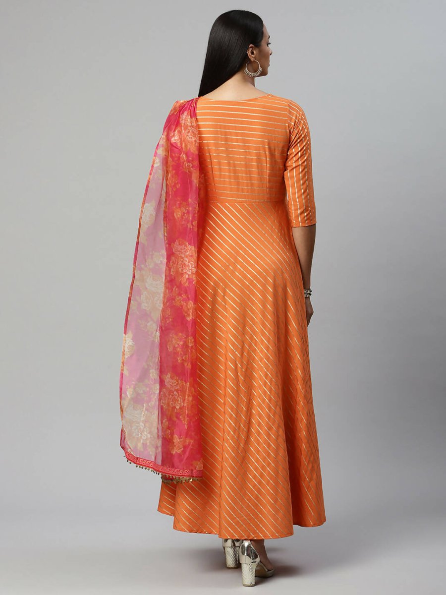Ahalyaa Women's Orange Crepe Gold Print Dress | Swadesiicart